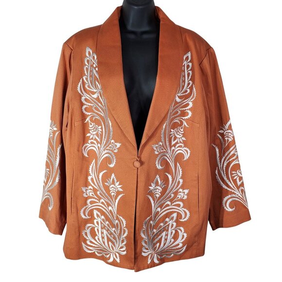 Bob Mackie Wearable Art Embroidered Orange Jacket Womens 1X Blazer Jacket - Picture 1 of 12